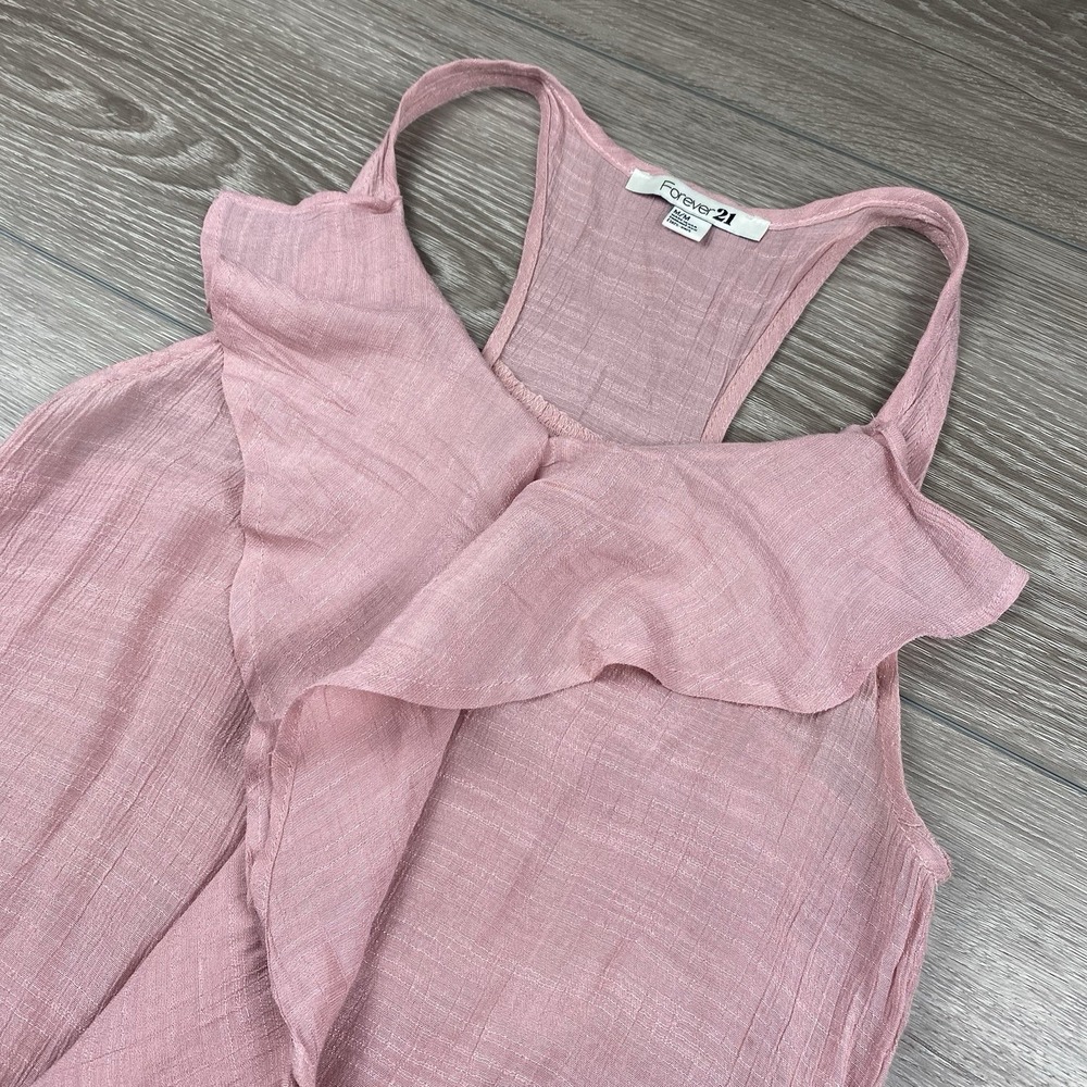 Y2K Forever 21 Women's Rayon Blend Ruffle Tank Top Pink Medium Made In USA Read